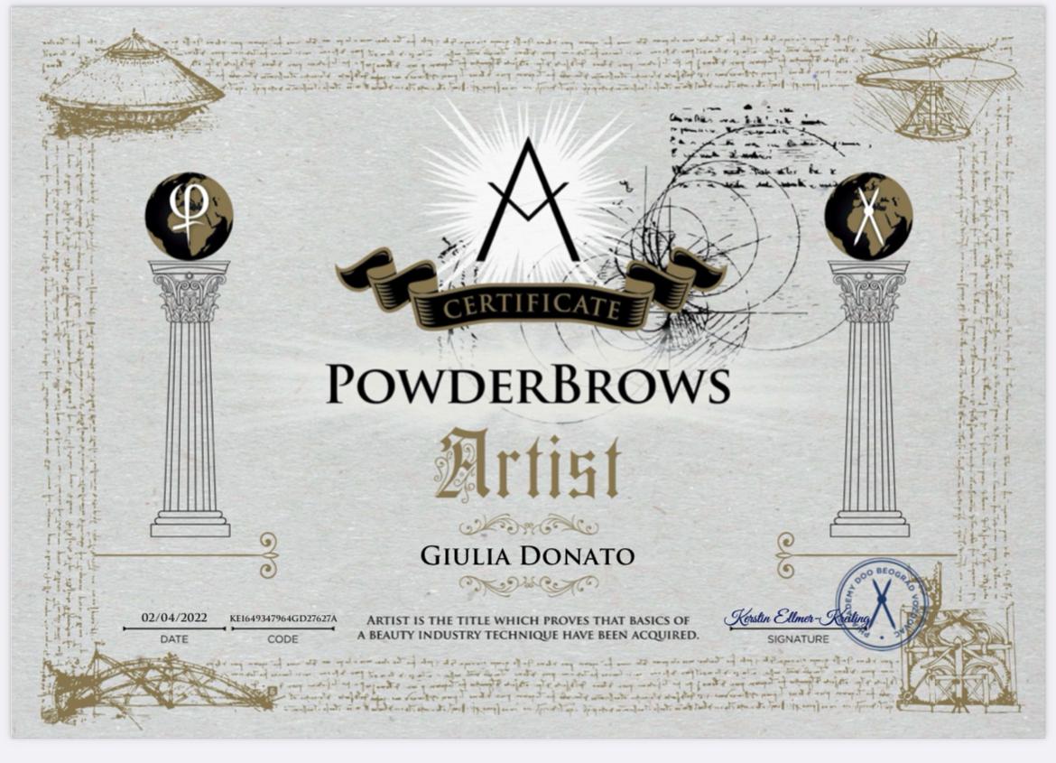 Certificato Senior PhiBrows Artist di Giulia Donato - PhiAcademy - Genova Albaro