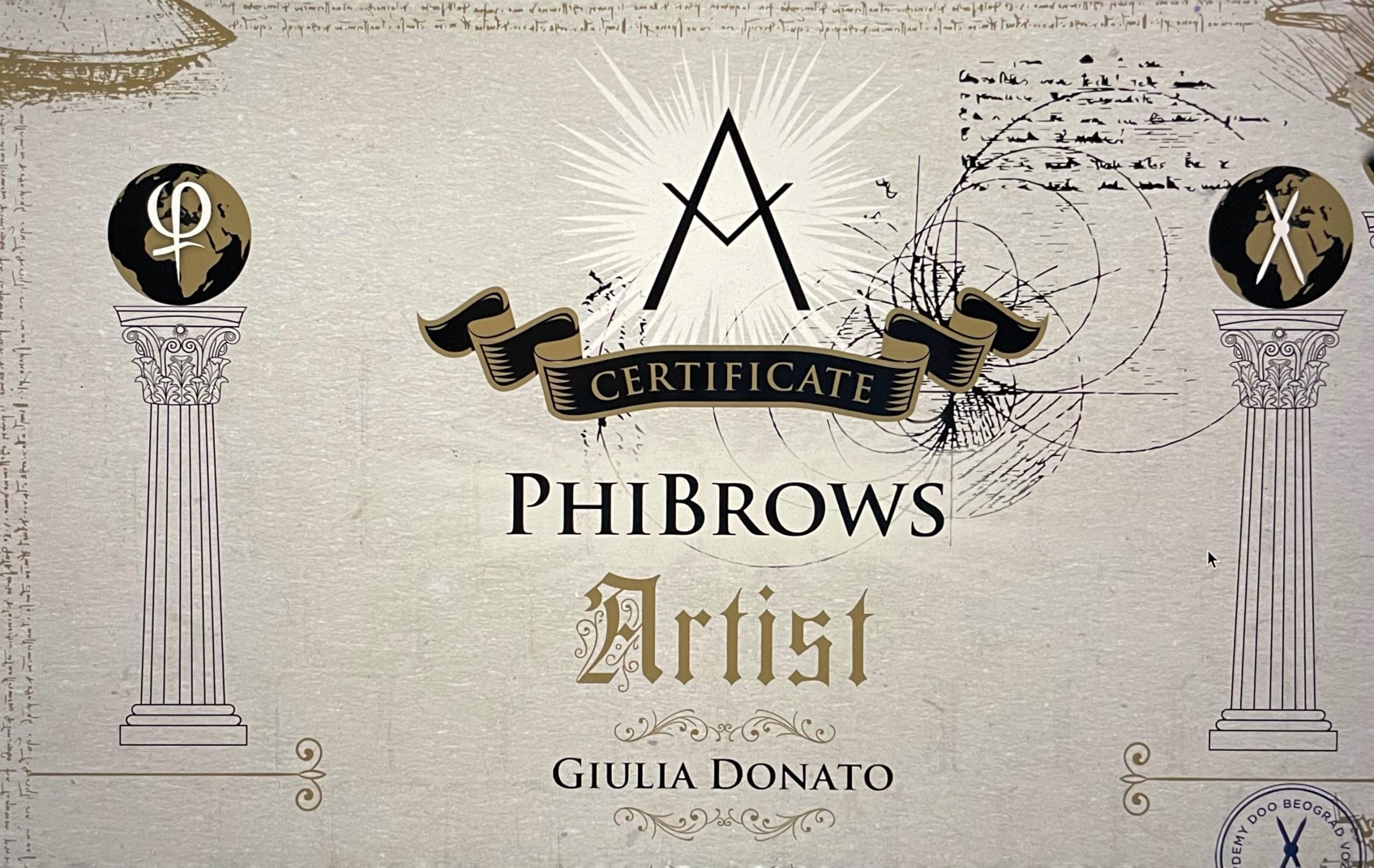 Certificato PhiBrows Artist di Giulia Donato - PhiAcademy - Genova Albaro